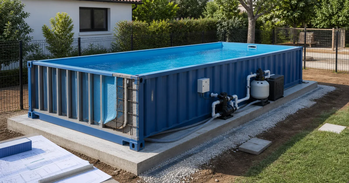 Piscina tipo contenedor sobre base exterior con filtración y elementos de seguridad visibles