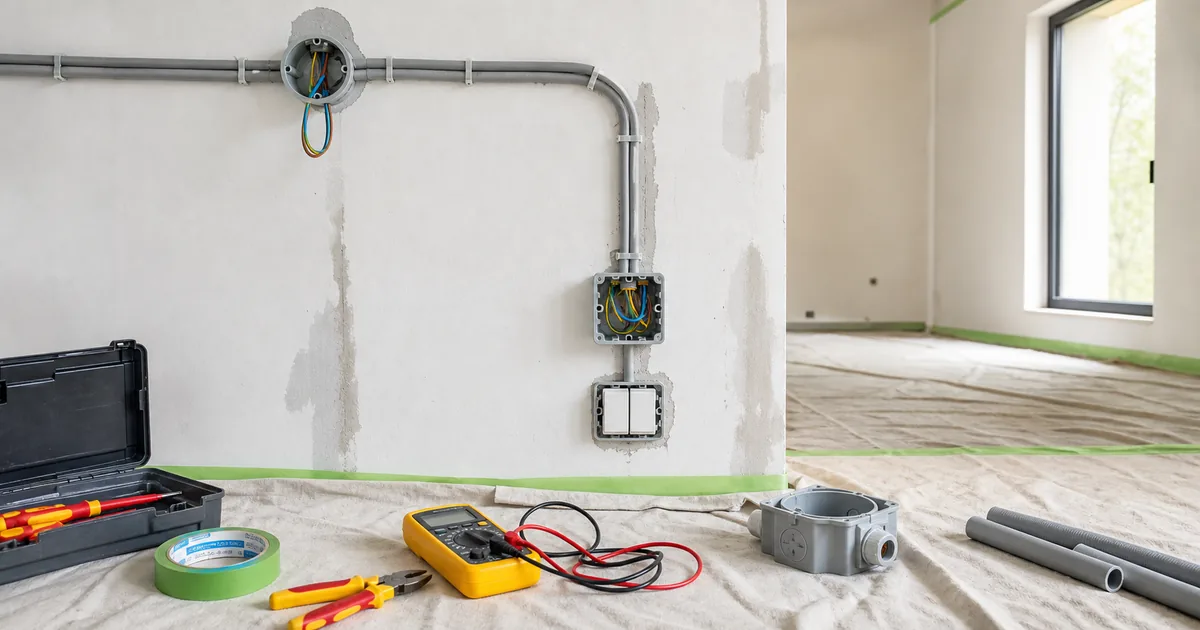 Conduits, caja eléctrica y herramientas de medición para planificar un punto de luz seguro