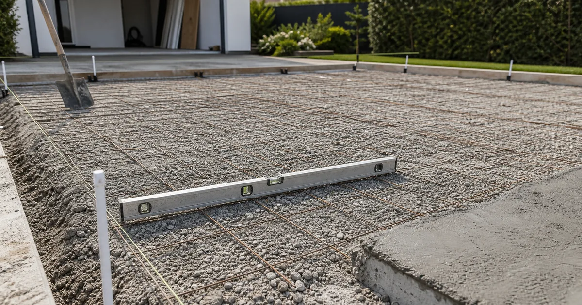 Base de grava compactada con mallazo y nivel para preparar una solera de cemento